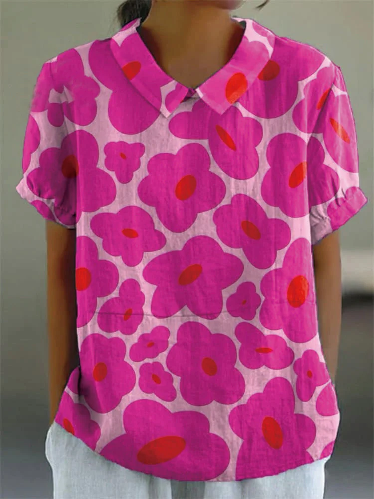 Vibrant Pink Floral Pattern Printed Women's Casual Cotton And Linen Shirt - Image 4