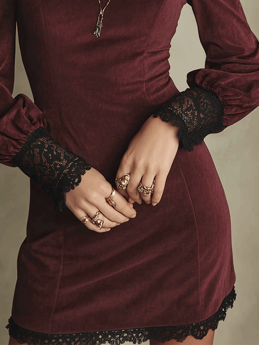 Victorian Velvet Lace-Panel Burgundy Bodycon Mini Dress - Image 3