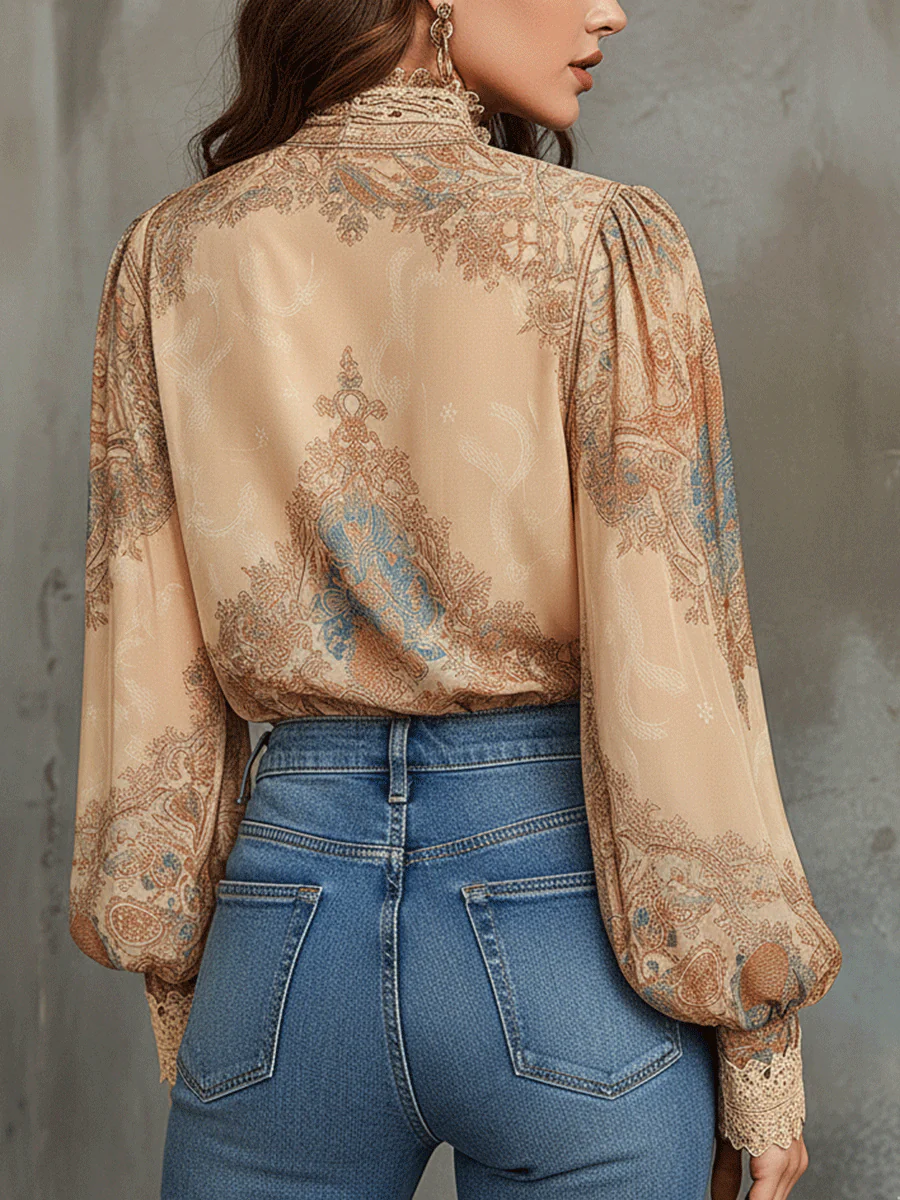 Vintage Baroque High-Neck Printed Chiffon Blouse - Image 2