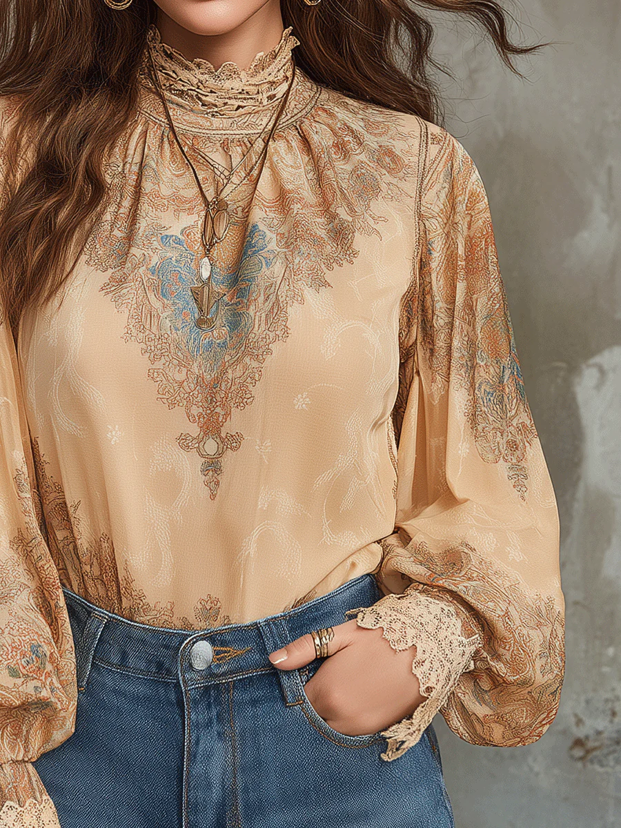 Vintage Baroque High-Neck Printed Chiffon Blouse - Image 3