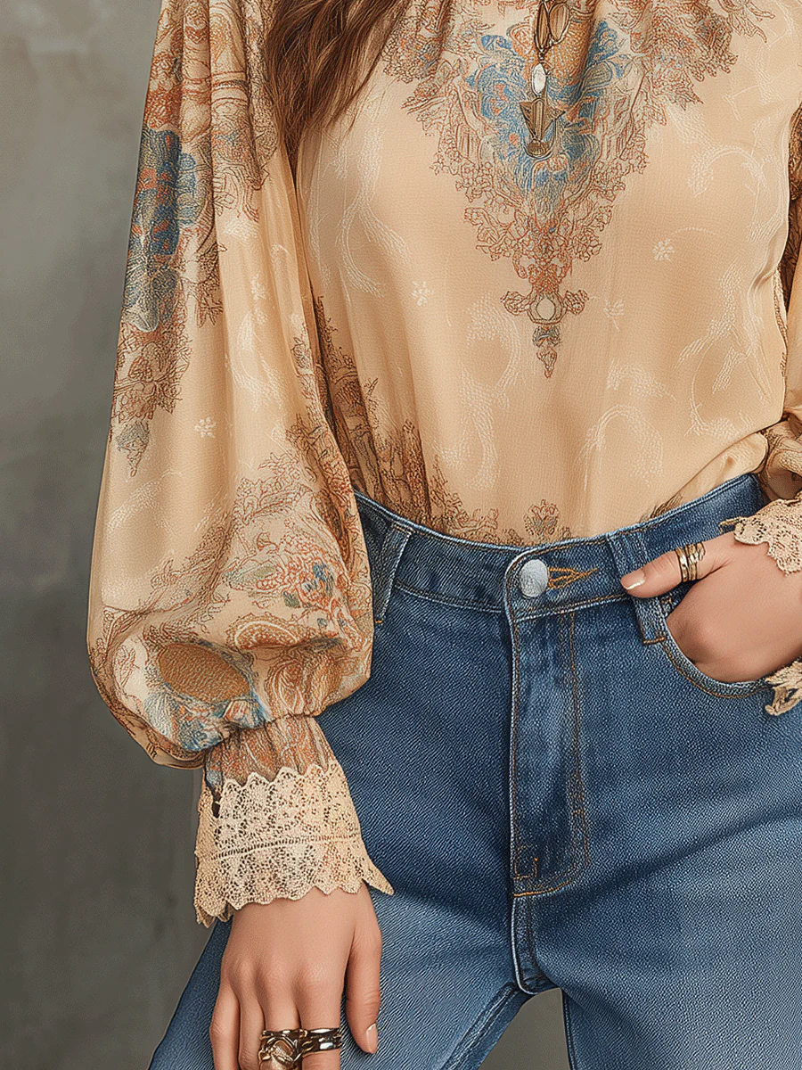 Vintage Baroque High-Neck Printed Chiffon Blouse - Image 4