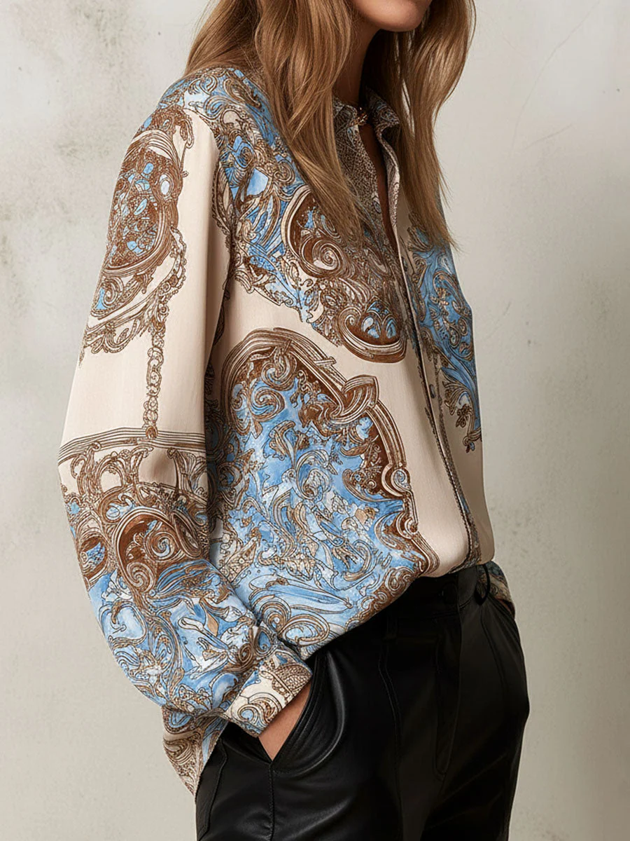 Vintage Baroque Pattern Print Satin Button-Down Shirt - Image 2