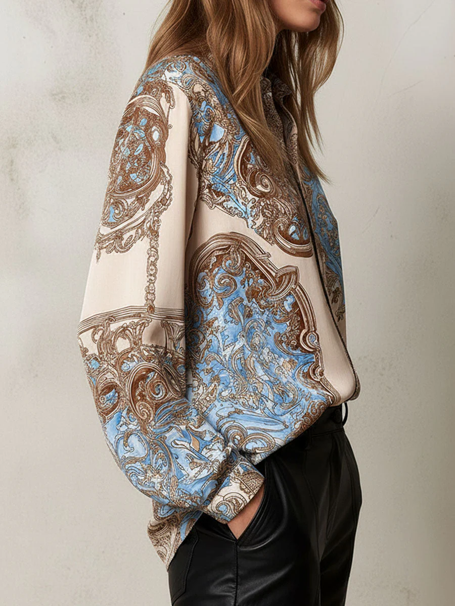 Vintage Baroque Pattern Print Satin Button-Down Shirt - Image 3