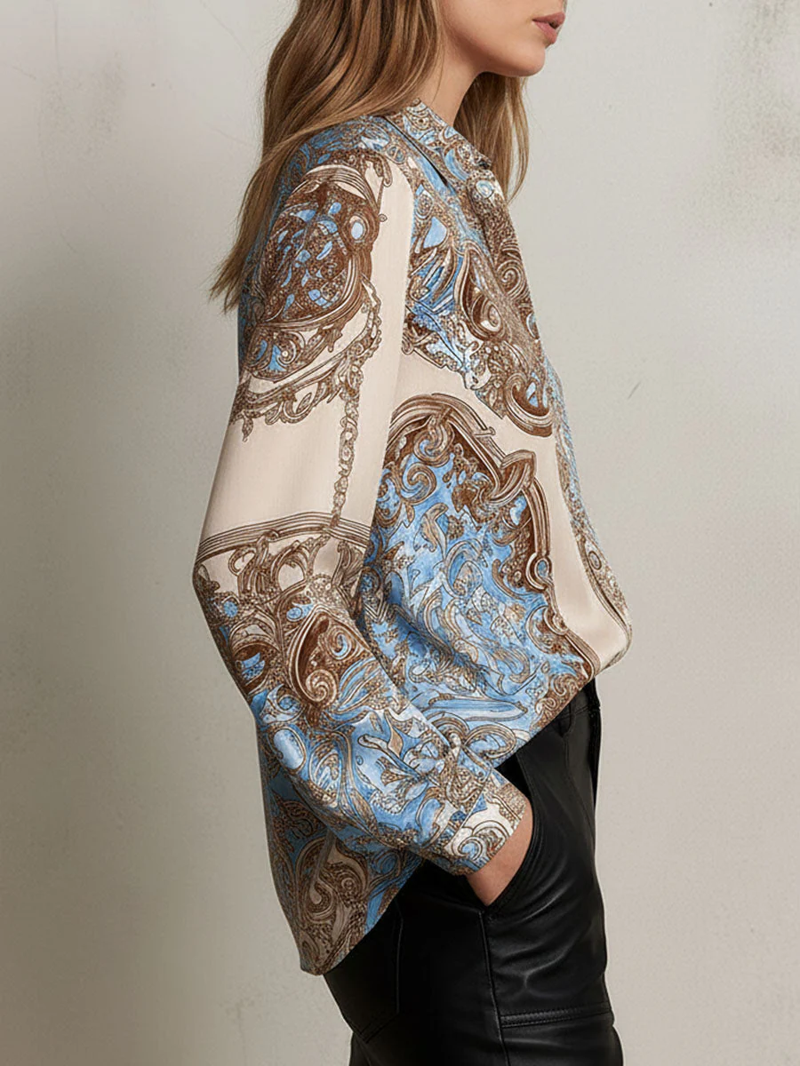 Vintage Baroque Pattern Print Satin Button-Down Shirt - Image 4