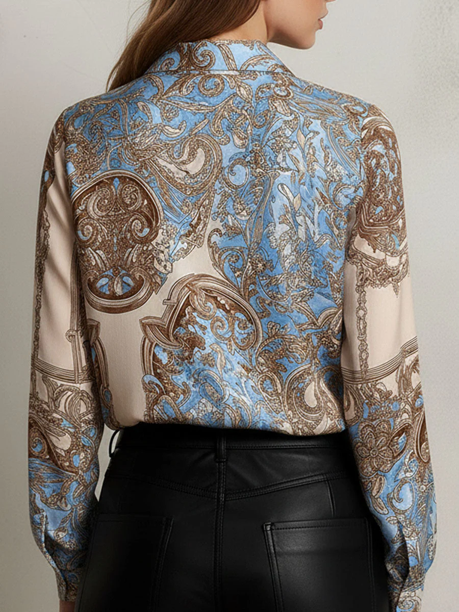 Vintage Baroque Pattern Print Satin Button-Down Shirt - Image 5