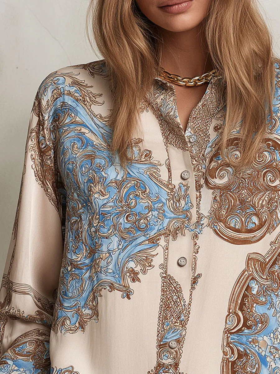 Vintage Baroque Pattern Print Satin Button-Down Shirt - Image 6