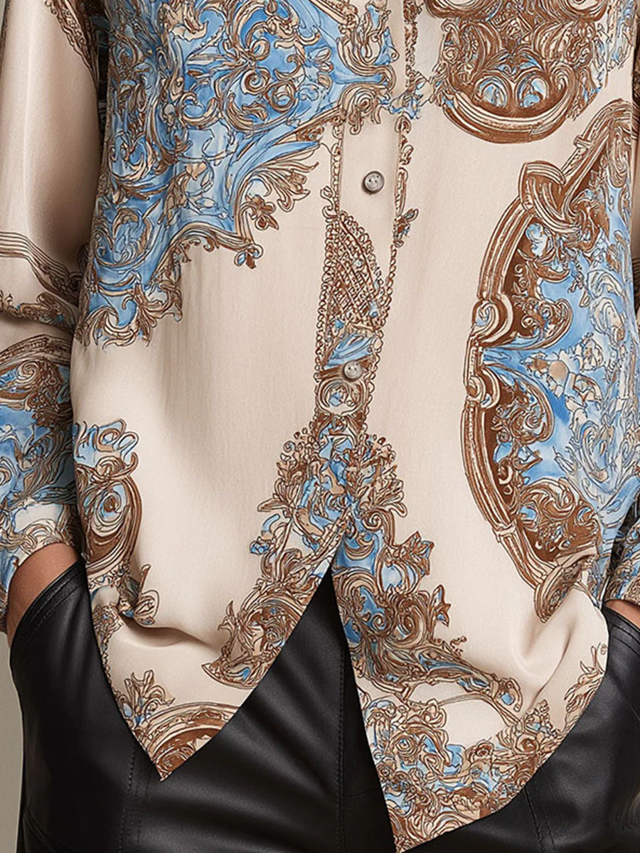 Vintage Baroque Pattern Print Satin Button-Down Shirt - Image 7