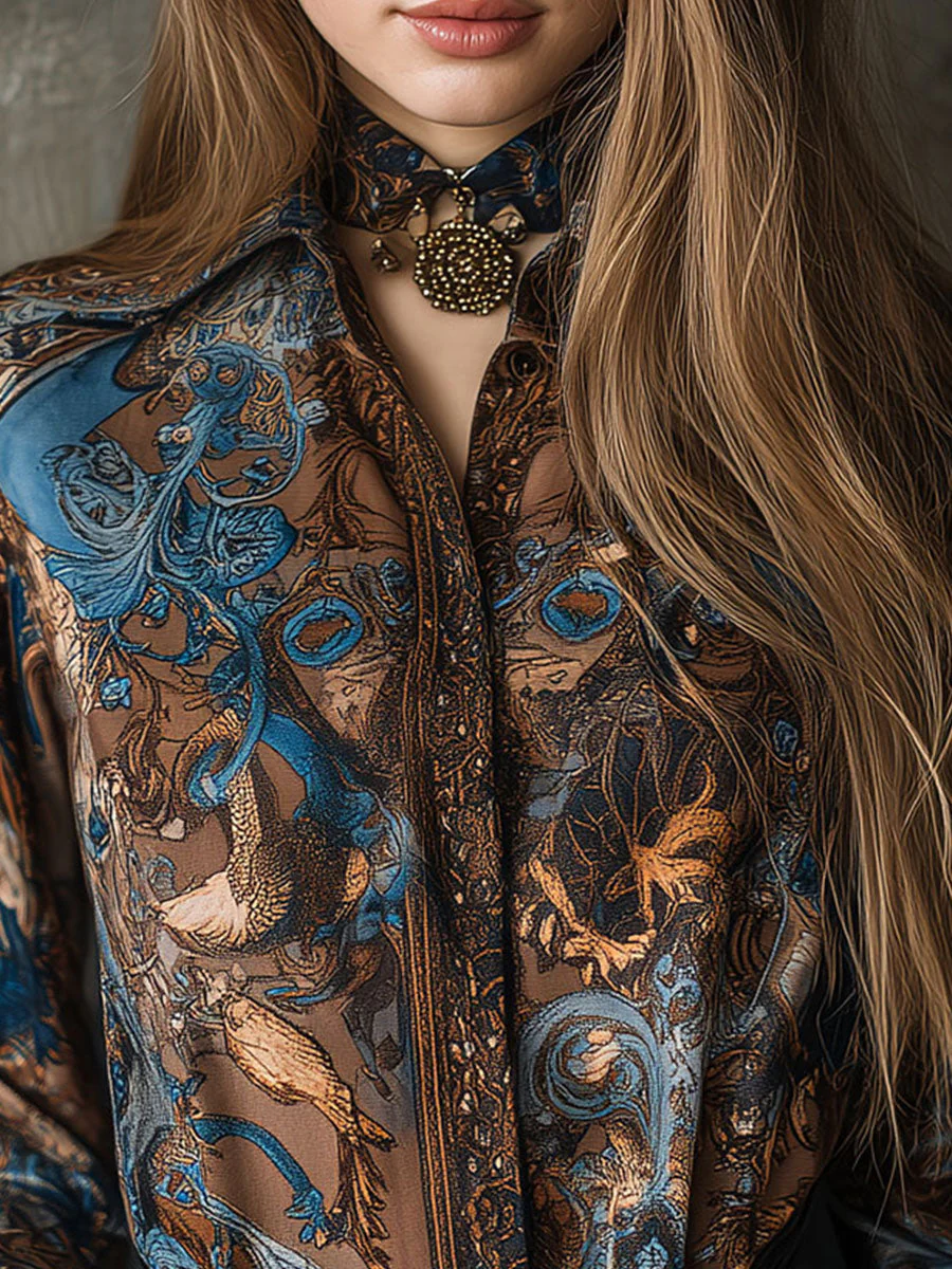Vintage Baroque Print Brown & Blue Long Sleeve Blouse - Image 2