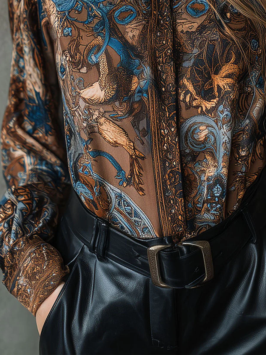 Vintage Baroque Print Brown & Blue Long Sleeve Blouse - Image 3