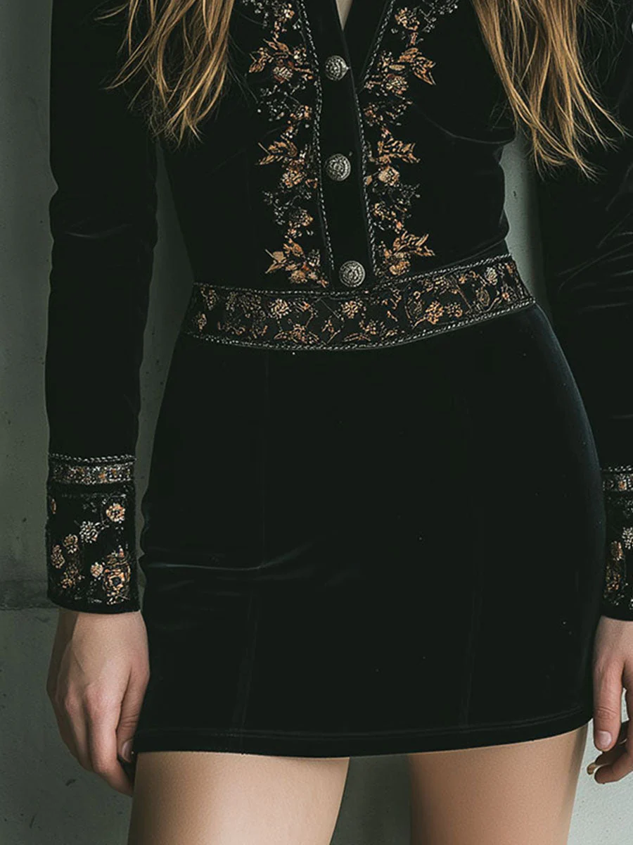 Vintage Black Baroque Embroidered Velvet Mini Dress - Image 3