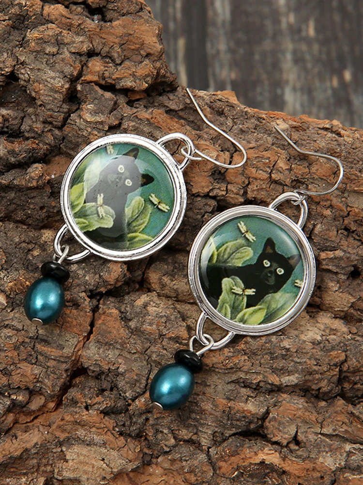Vintage Black Cat And Dragonfly Pearl Earring - Image 3