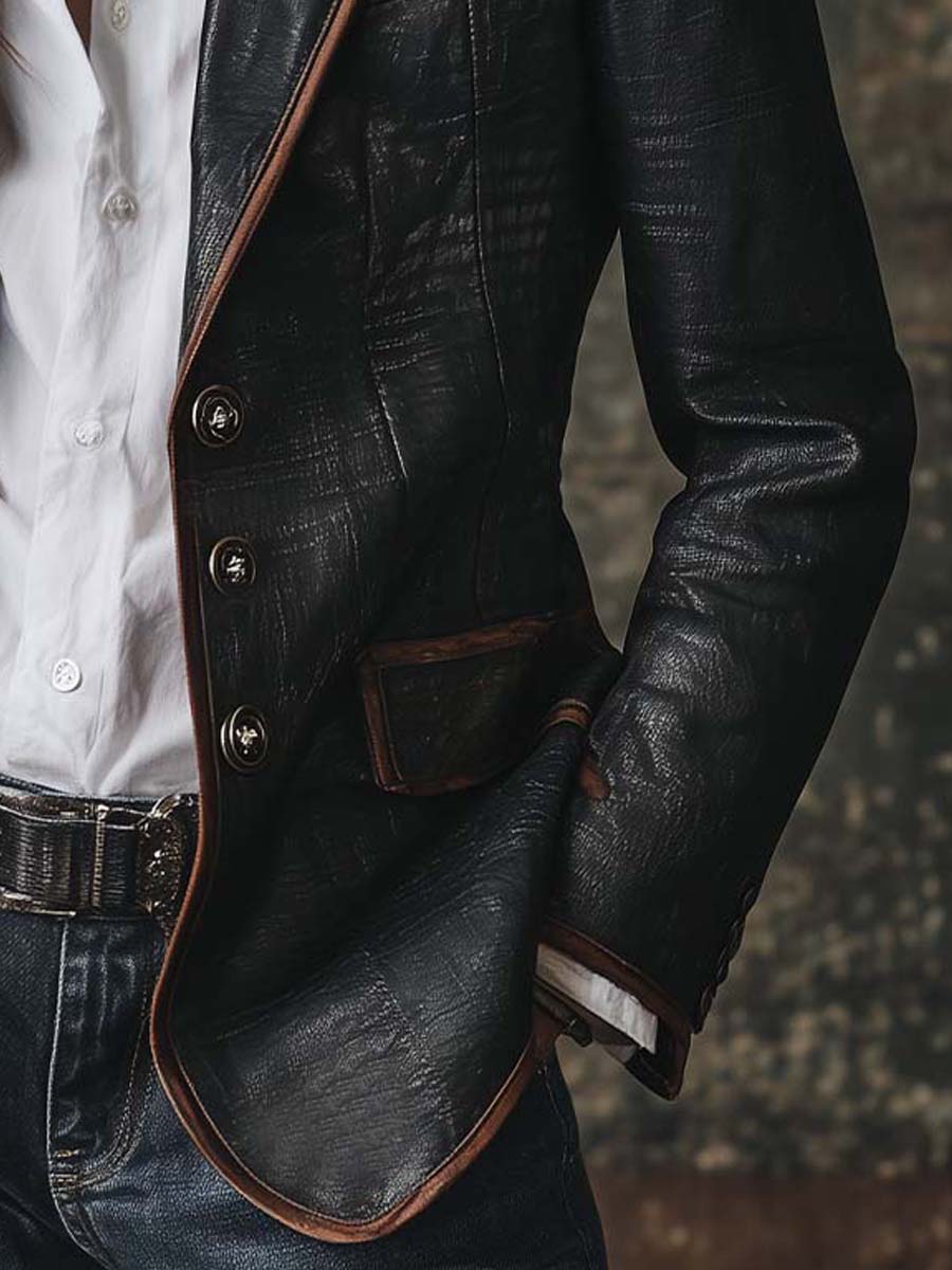 Vintage Black Eco Leather Blazer With Contrast Trim - Image 3