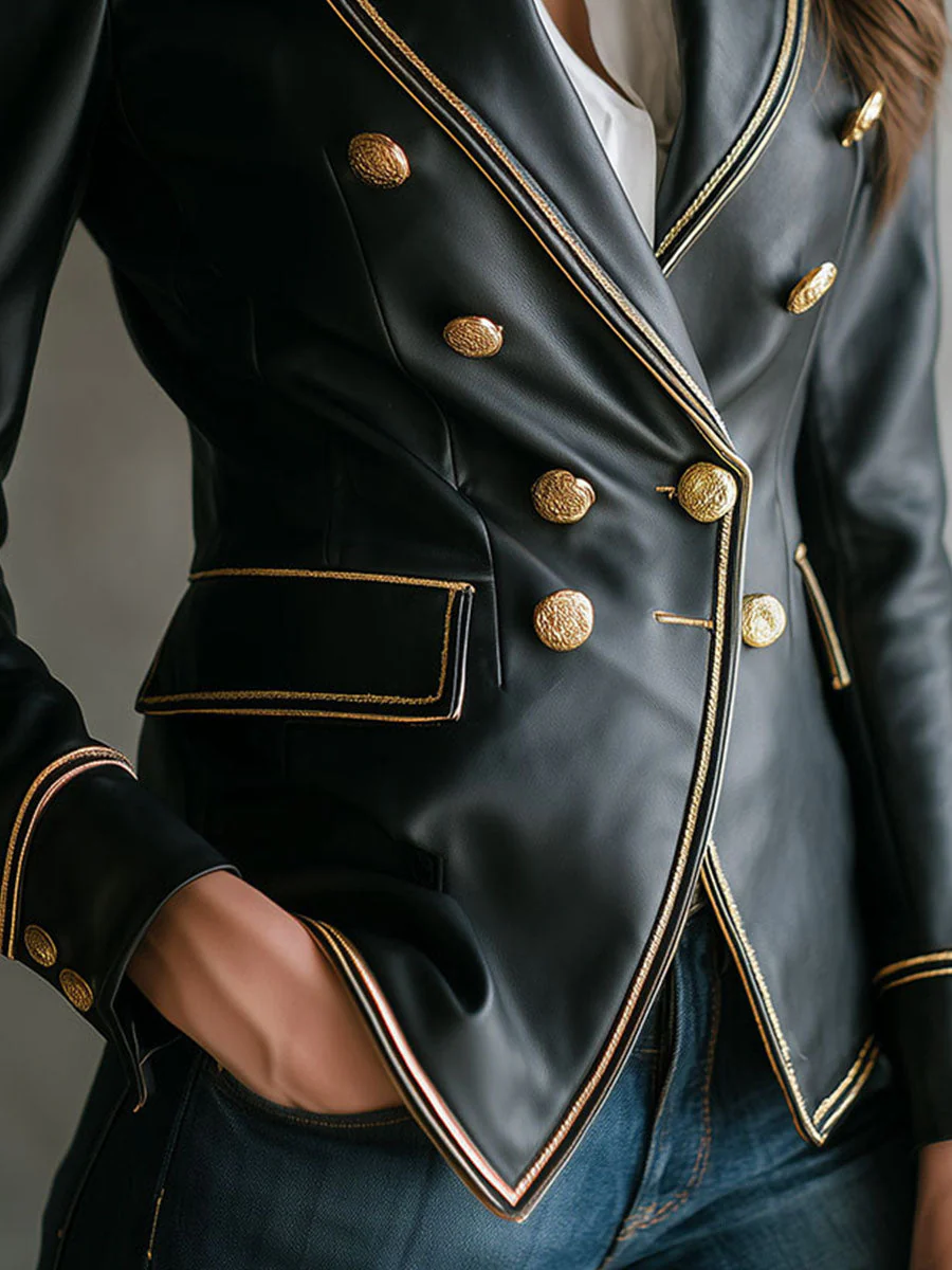 Vintage Black Faux Leather Military Blazer With Gold Trim - Image 3