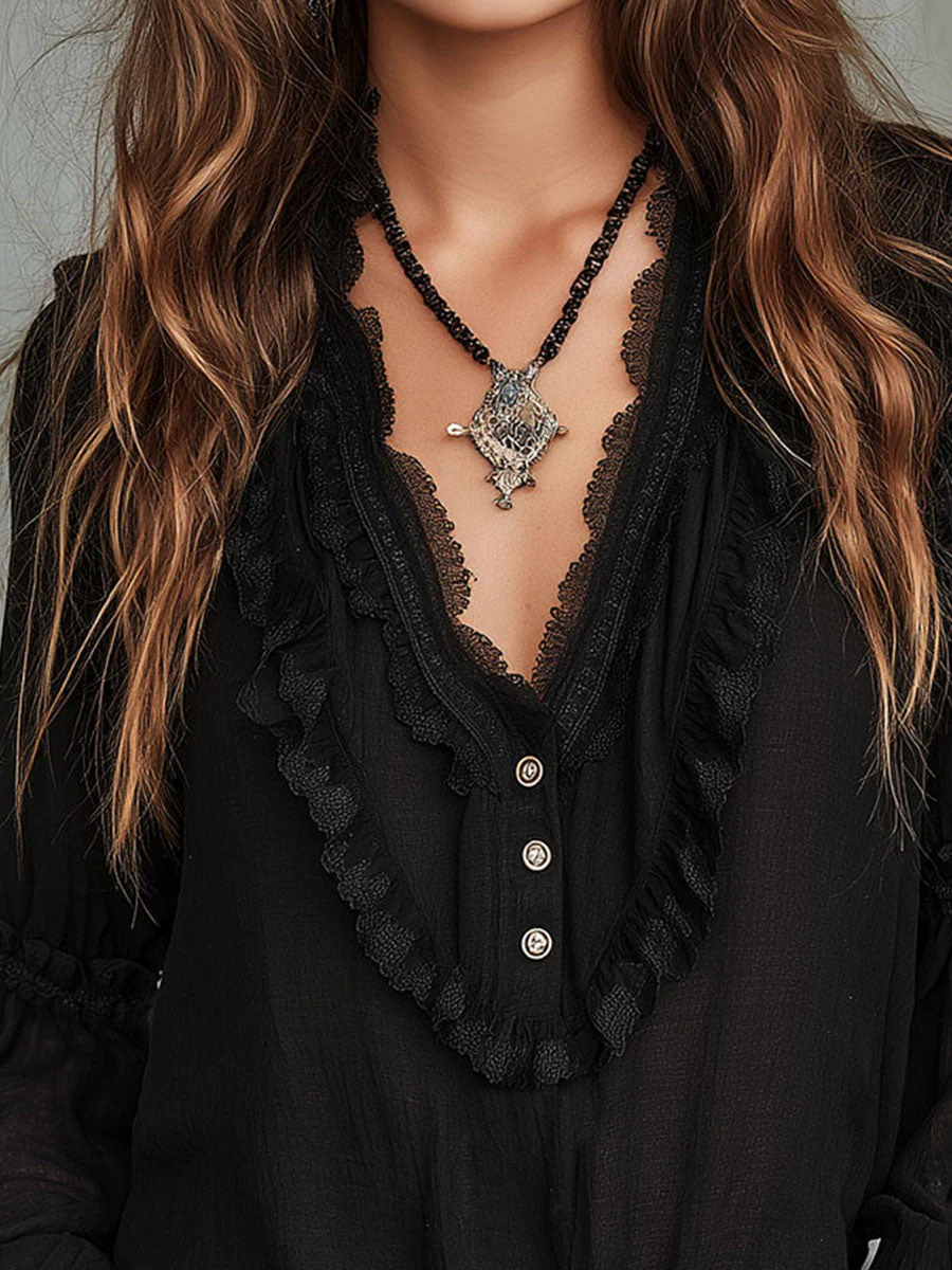 Vintage Black Ruffle Long Sleeve Blouse With Lace Trim - Image 2