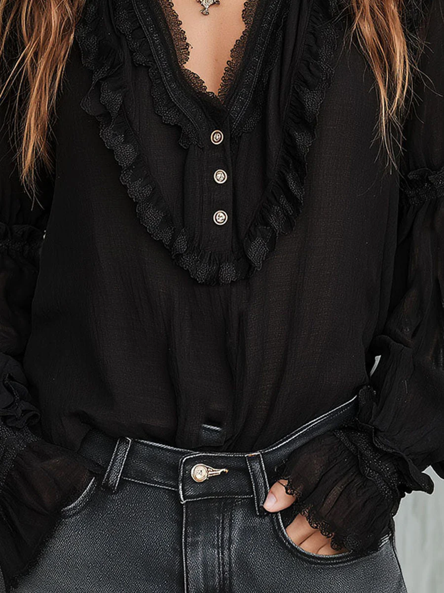 Vintage Black Ruffle Long Sleeve Blouse With Lace Trim - Image 3