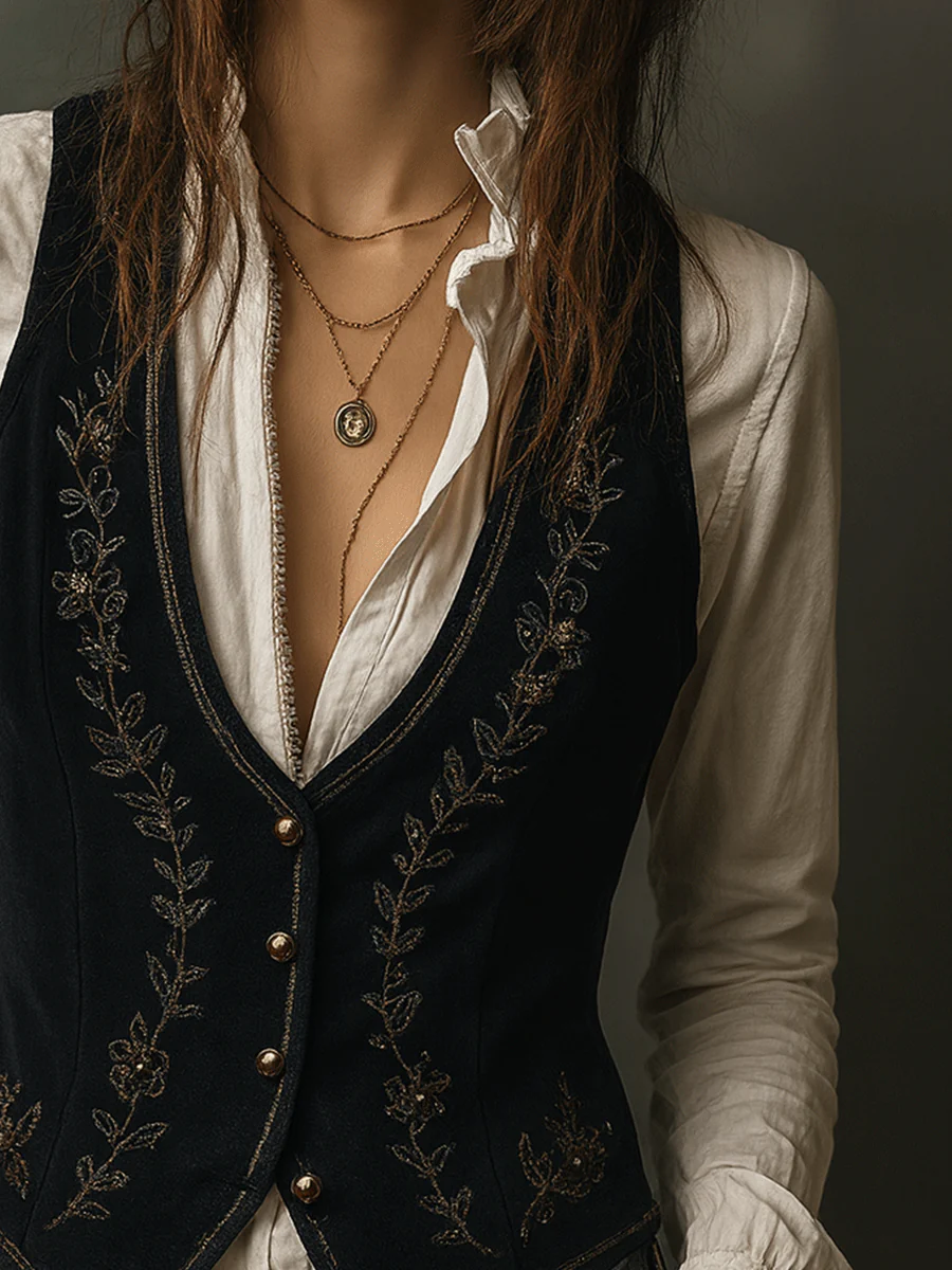 Vintage Black VelvetGold Stitching Waistcoat - Image 2