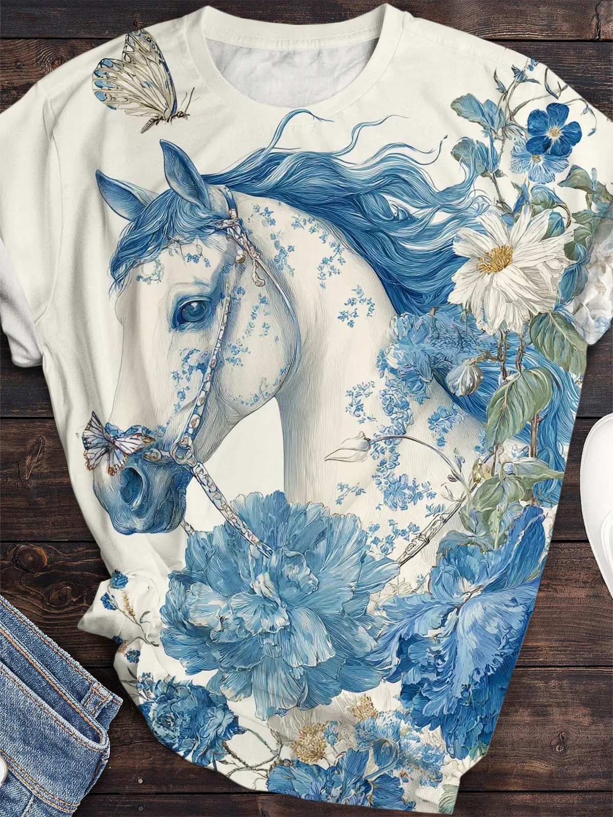 Vintage Blue Floral Horse And Butterfly Crew Neck T-shirt