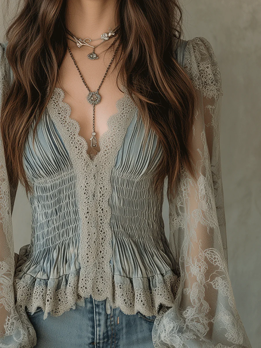 Vintage Bohemian Dusty Blue Lace Peplum Blouse - Image 2