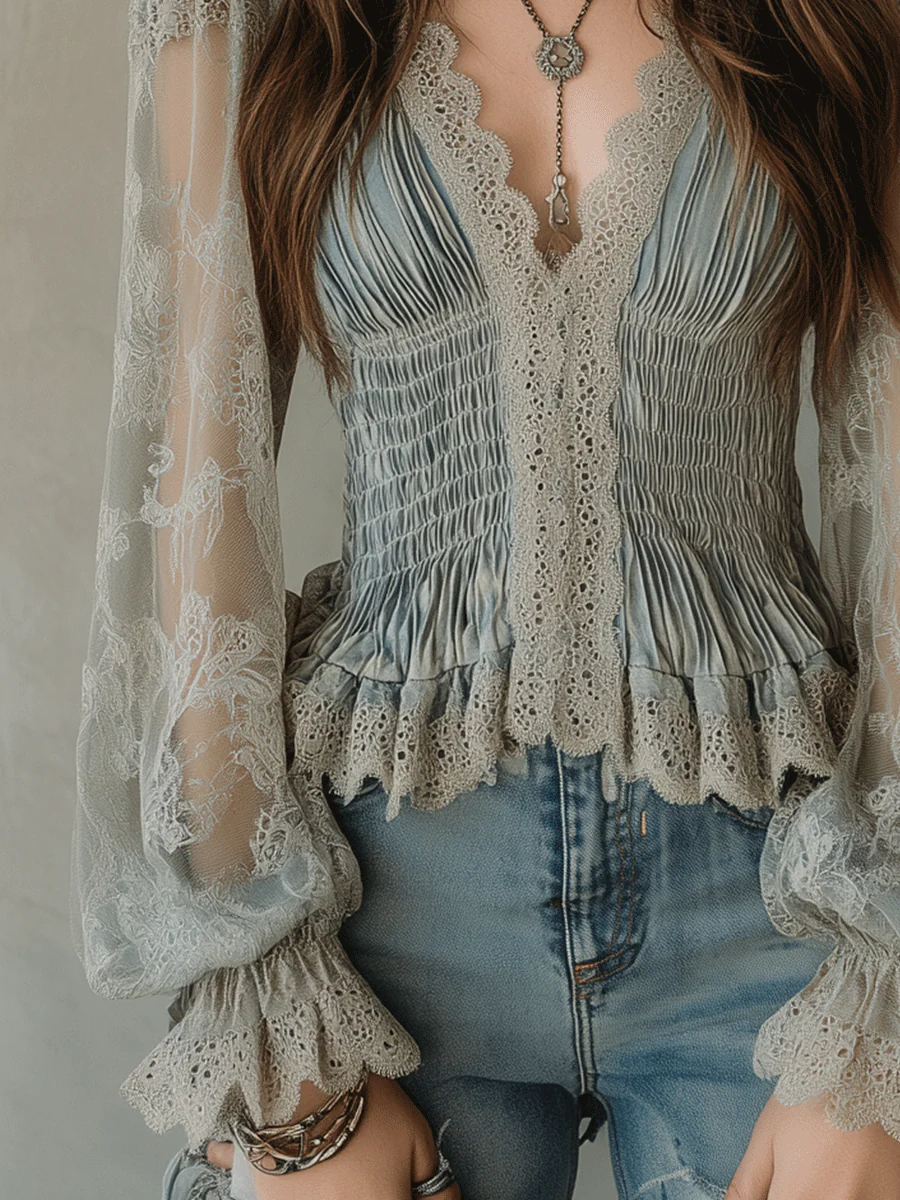 Vintage Bohemian Dusty Blue Lace Peplum Blouse - Image 3