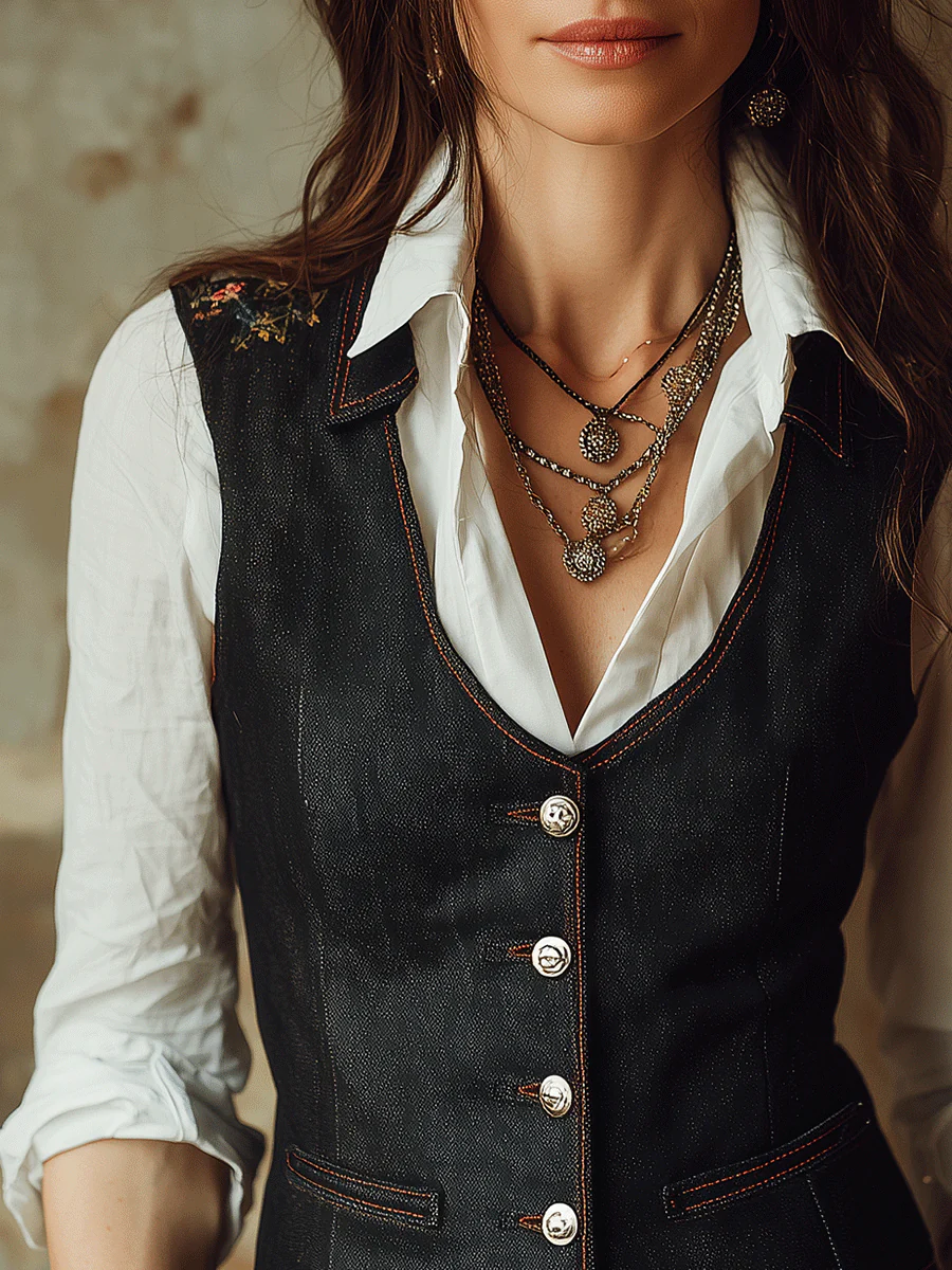 Vintage Bohemian Embroidered Denim Slim-Fit Vest - Image 2