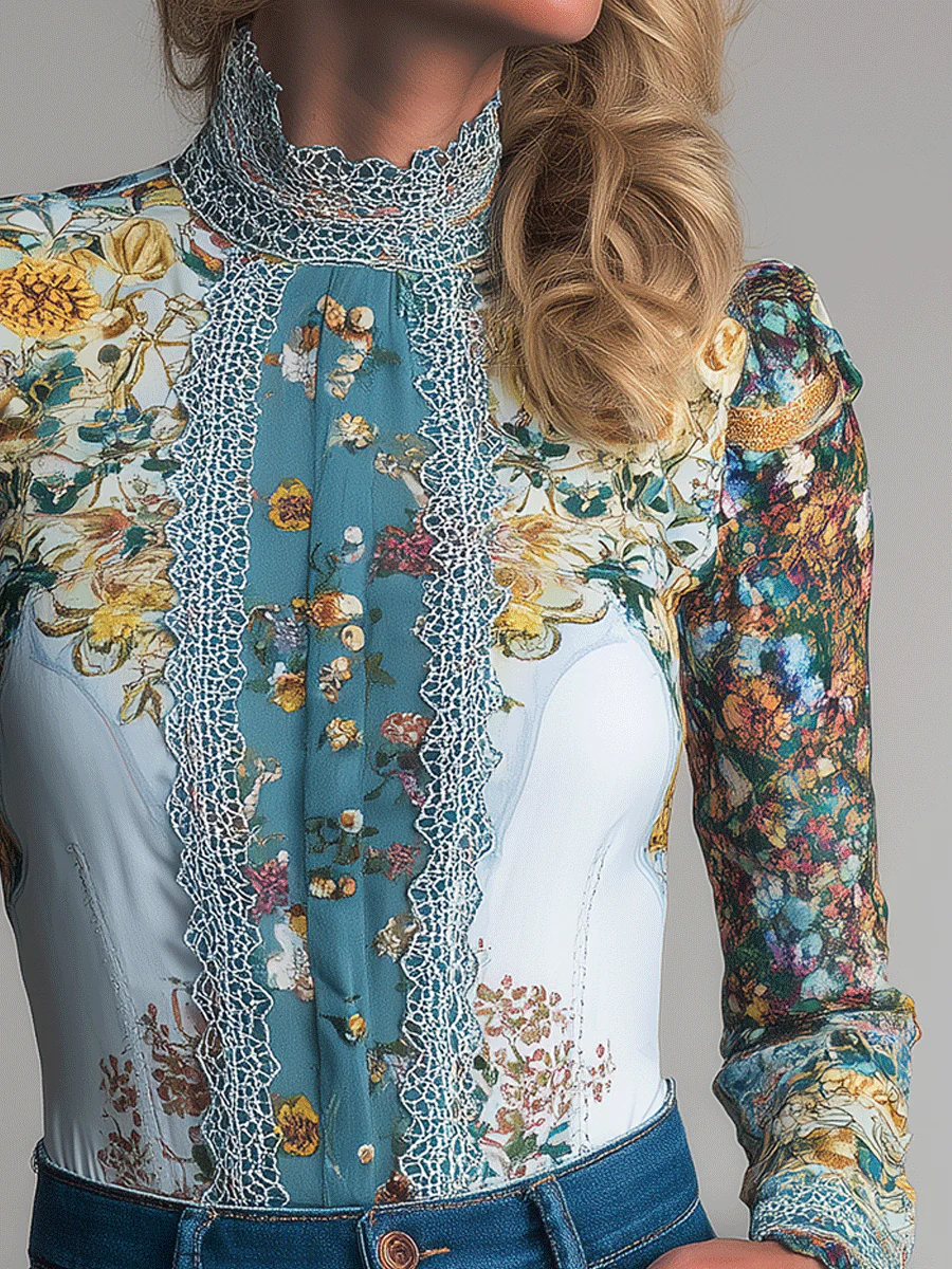 Vintage Bohemian Romantic Floral Lace High-Neck Blouse - Image 2