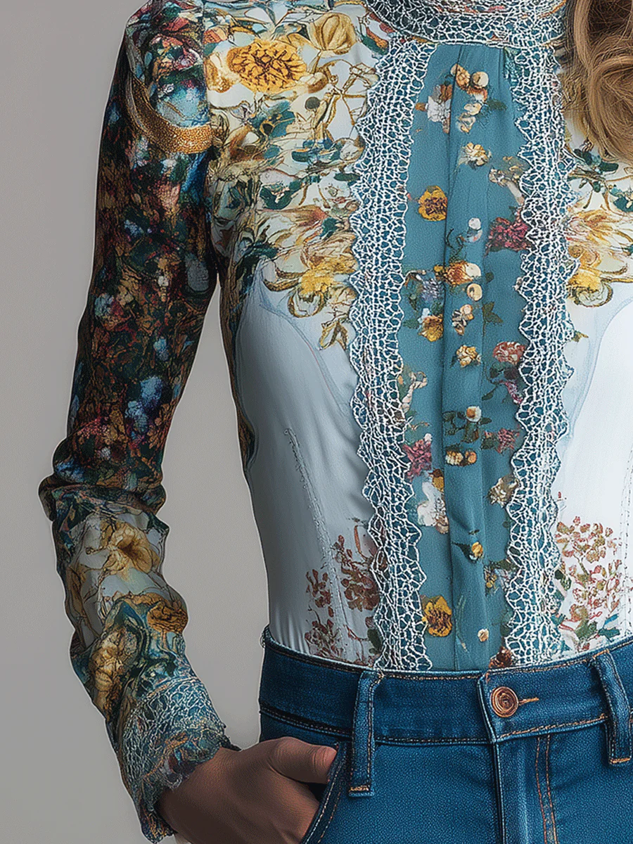 Vintage Bohemian Romantic Floral Lace High-Neck Blouse - Image 3