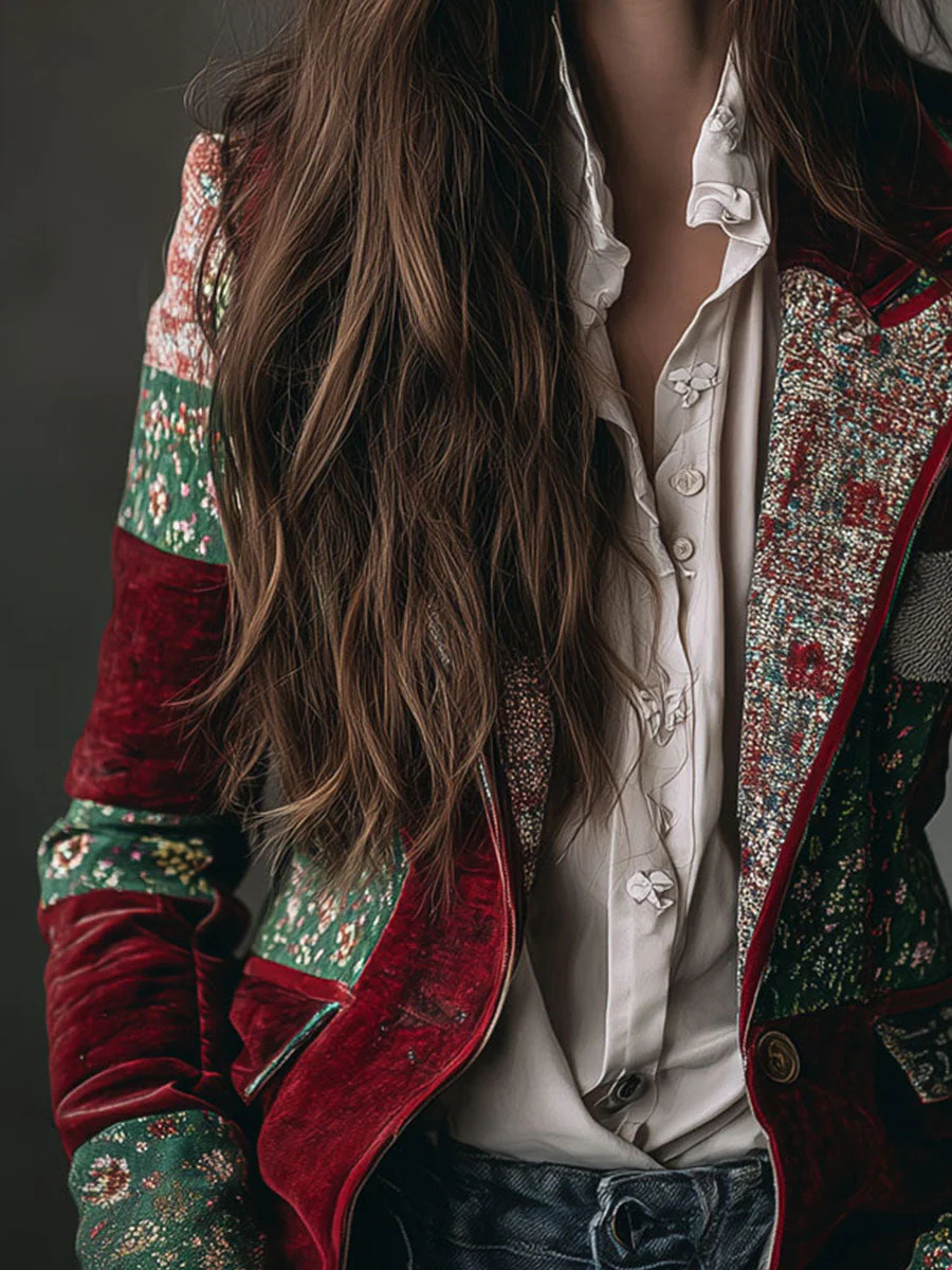 Vintage Bohemian Velvet Patchwork Print Blazer - Image 2