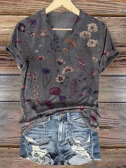 Vintage Bohemian Wildflowers Art V-neck T-Shirt