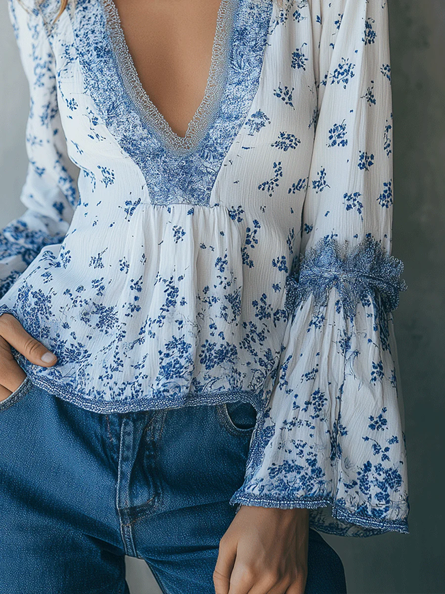 Vintage Boho Blue Floral Porcelain Bell-Sleeve Blouse - Image 3