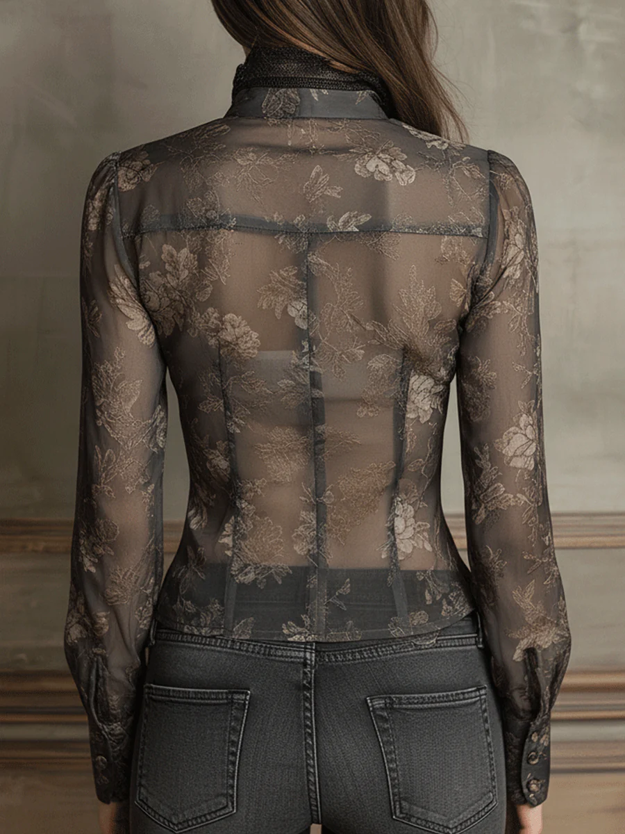 Vintage Boho Elegance Black Sheer Lace Trim Fitted Blouse - Image 2