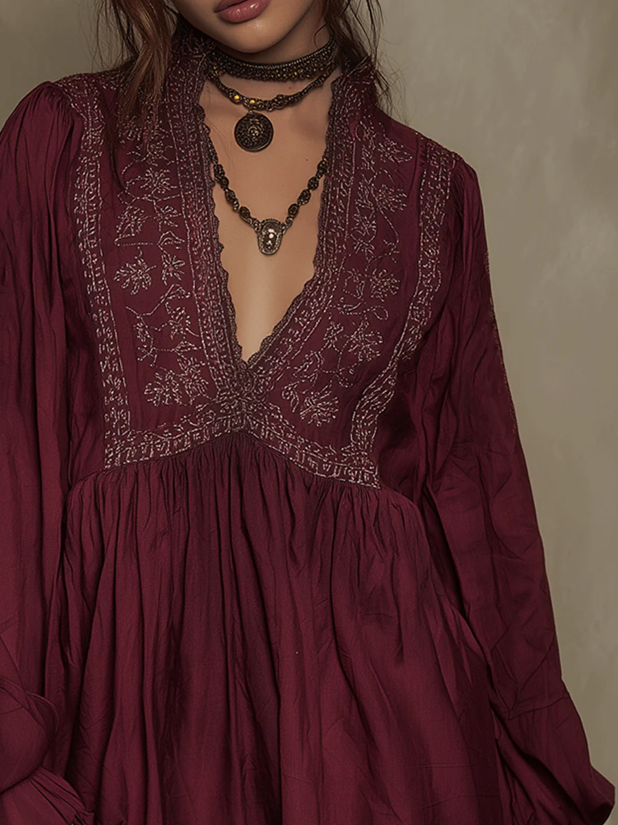 Vintage Boho Embroidered Burgundy Mini Dress - Image 2