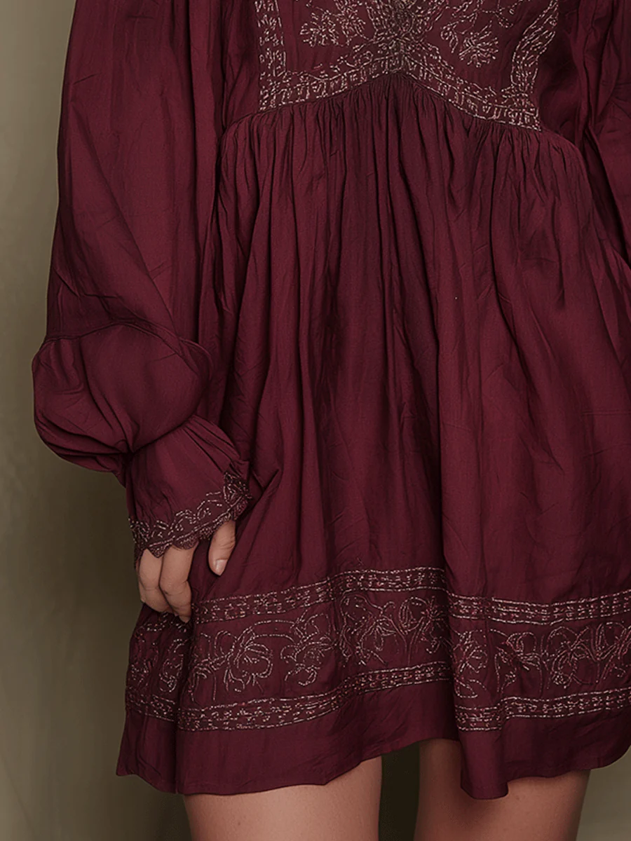 Vintage Boho Embroidered Burgundy Mini Dress - Image 3