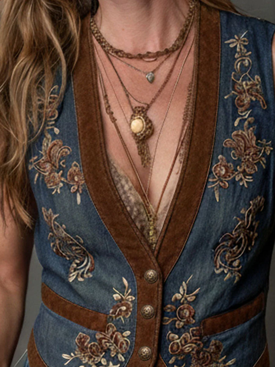 Vintage Boho Embroidered Denim Vest With Suede Trim - Image 2