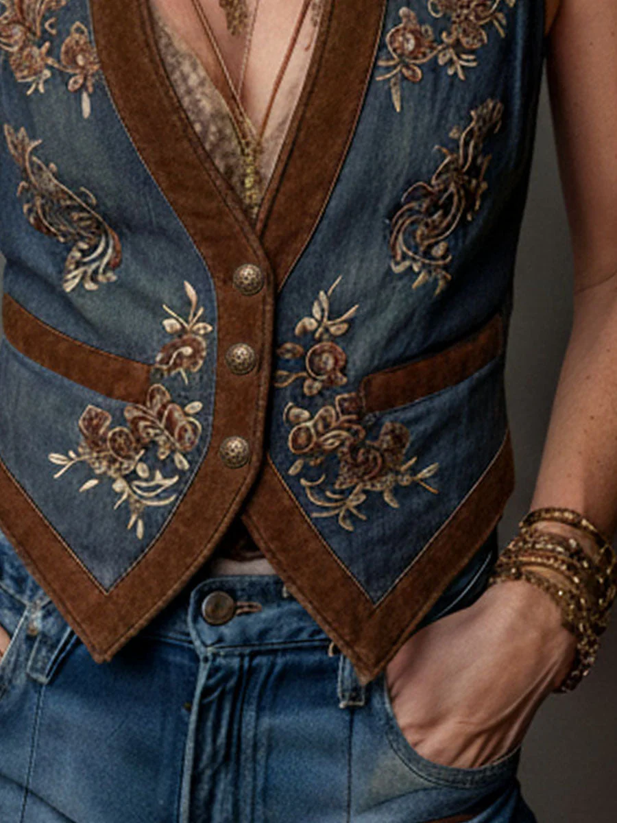 Vintage Boho Embroidered Denim Vest With Suede Trim - Image 3