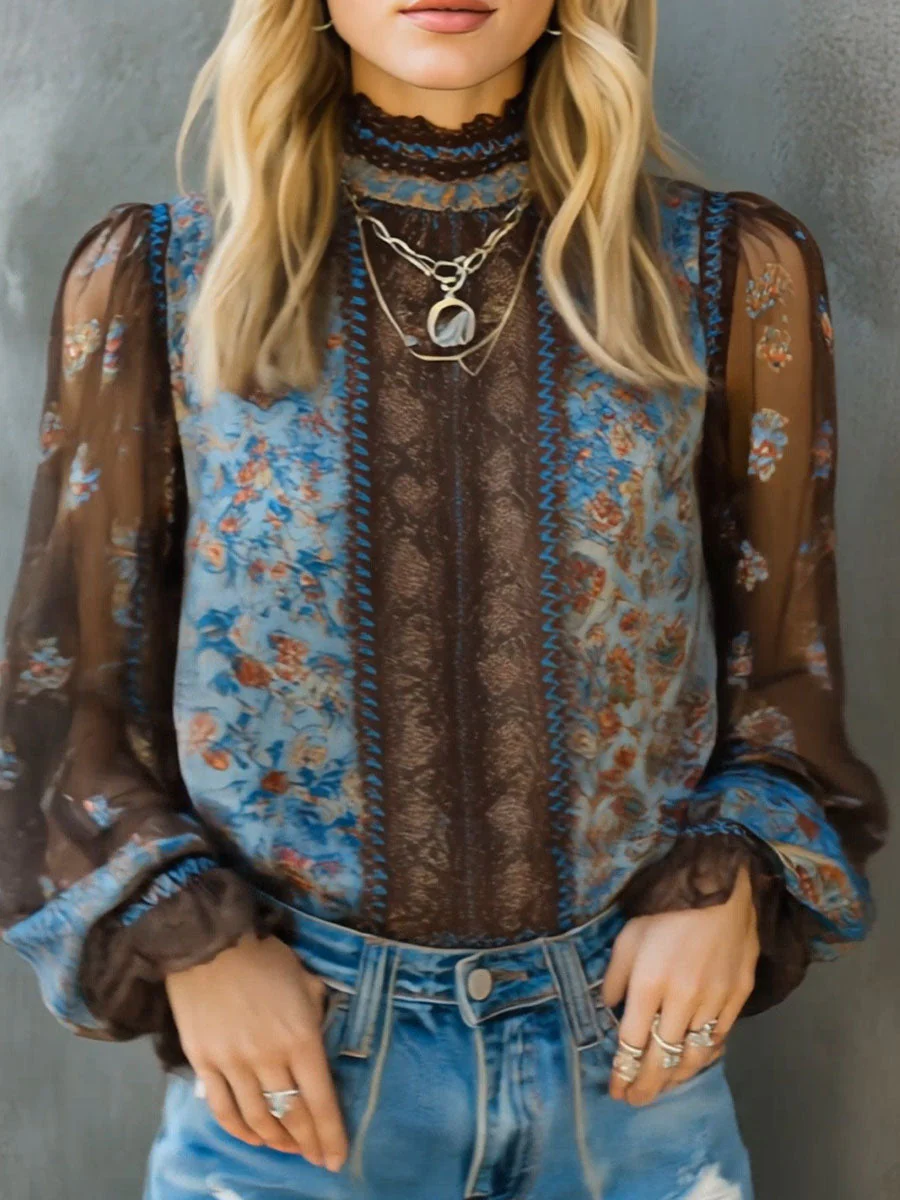 Vintage Boho Floral High Neck Sheer Lace Blouse With Puff Sleeve - Image 2