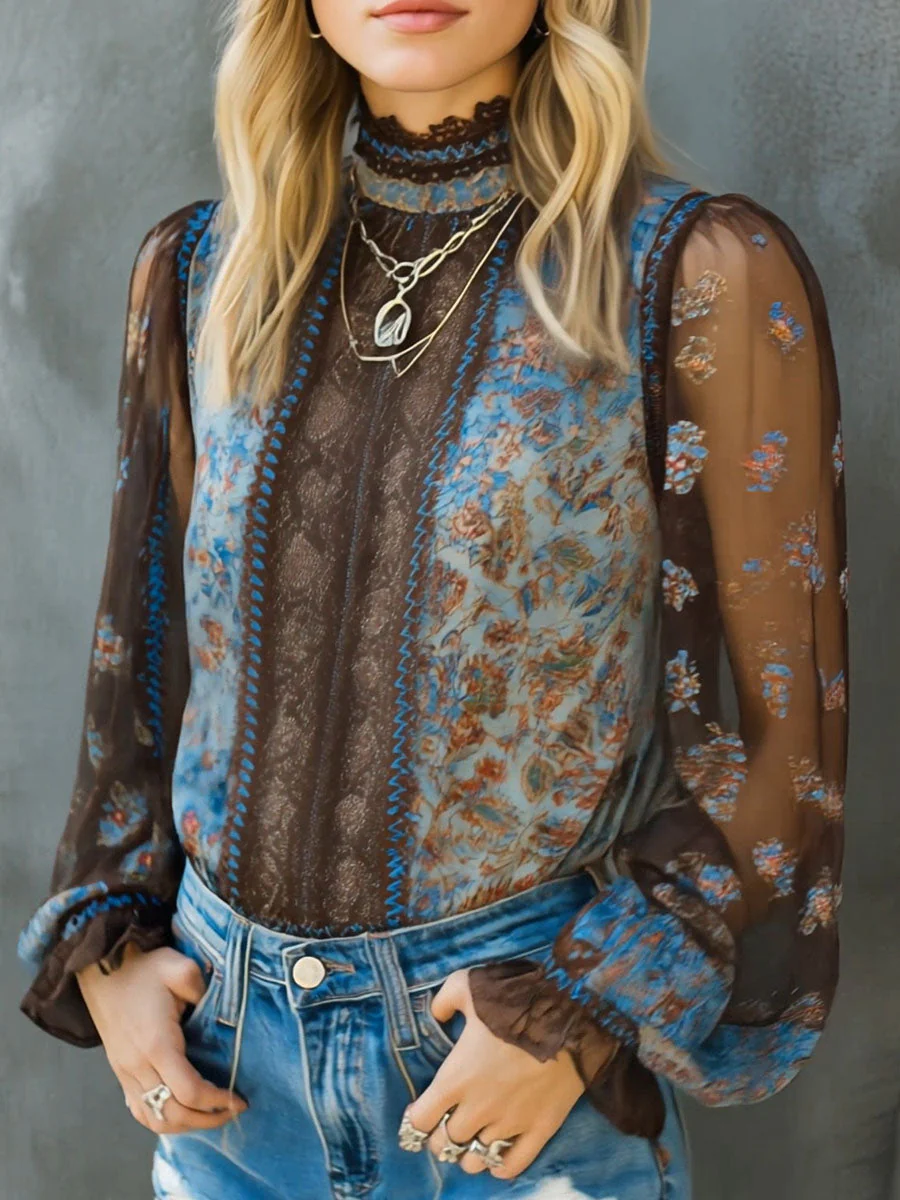 Vintage Boho Floral High Neck Sheer Lace Blouse With Puff Sleeve - Image 3