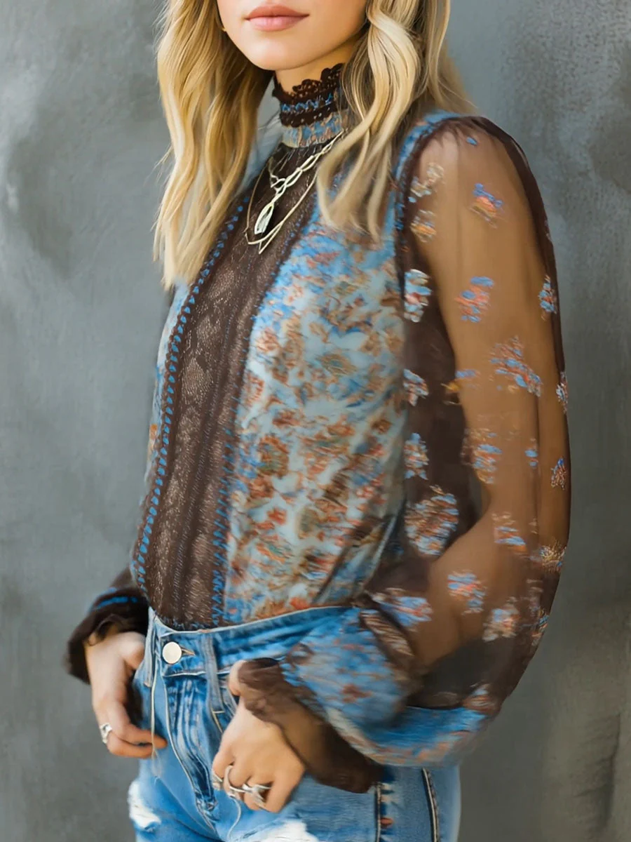 Vintage Boho Floral High Neck Sheer Lace Blouse With Puff Sleeve - Image 5