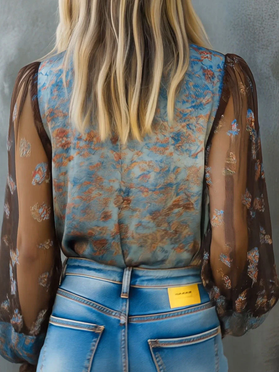 Vintage Boho Floral High Neck Sheer Lace Blouse With Puff Sleeve - Image 6