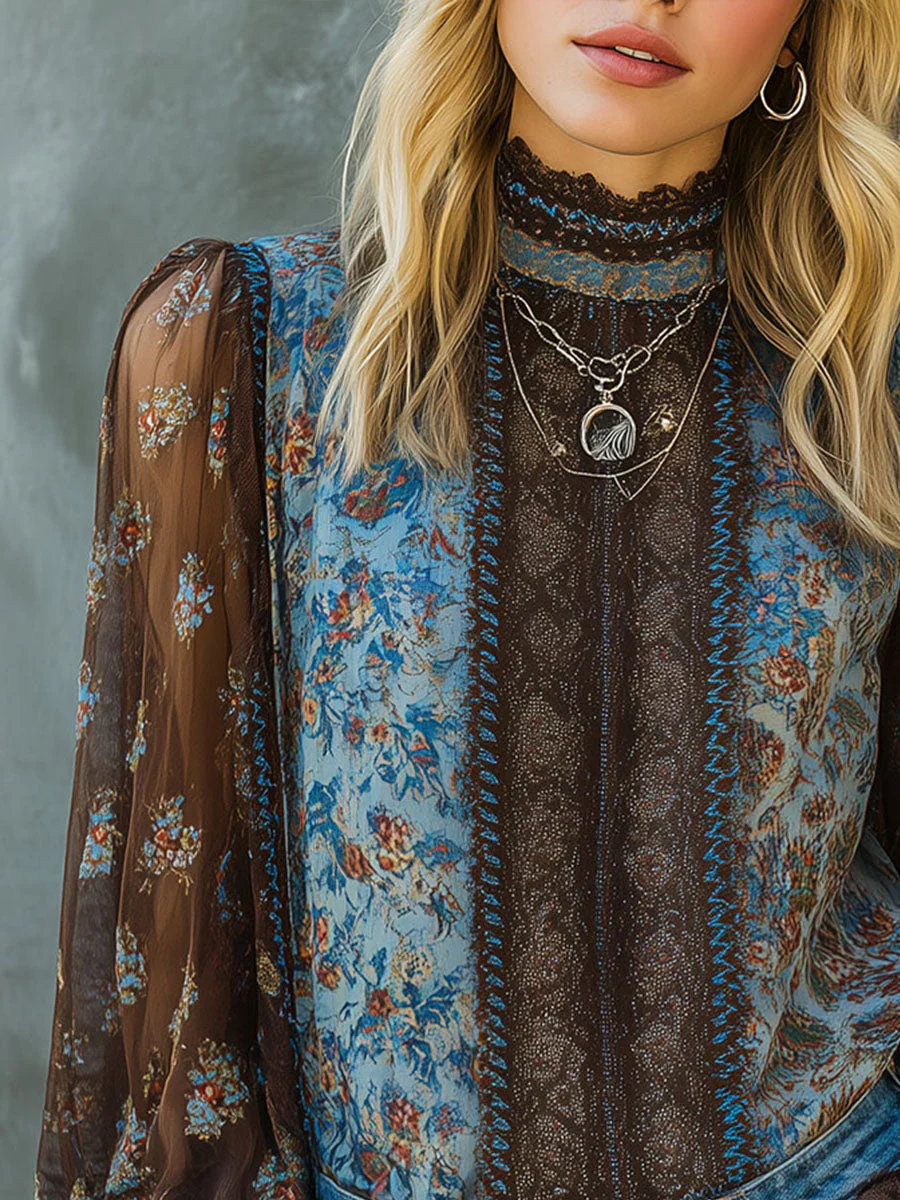 Vintage Boho Floral High Neck Sheer Lace Blouse With Puff Sleeve - Image 8