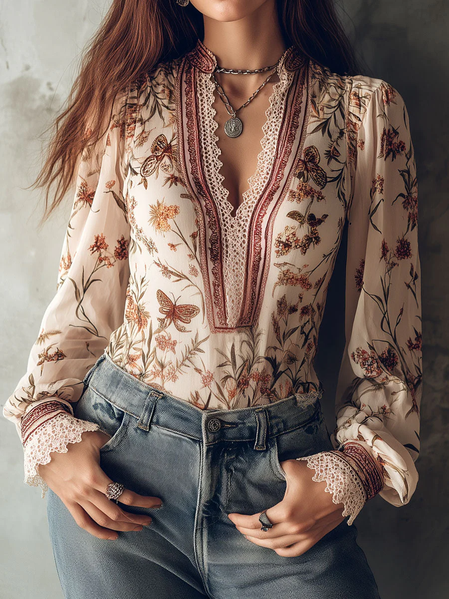 Vintage Boho Floral Print Chiffon Blouse With Lace Trim