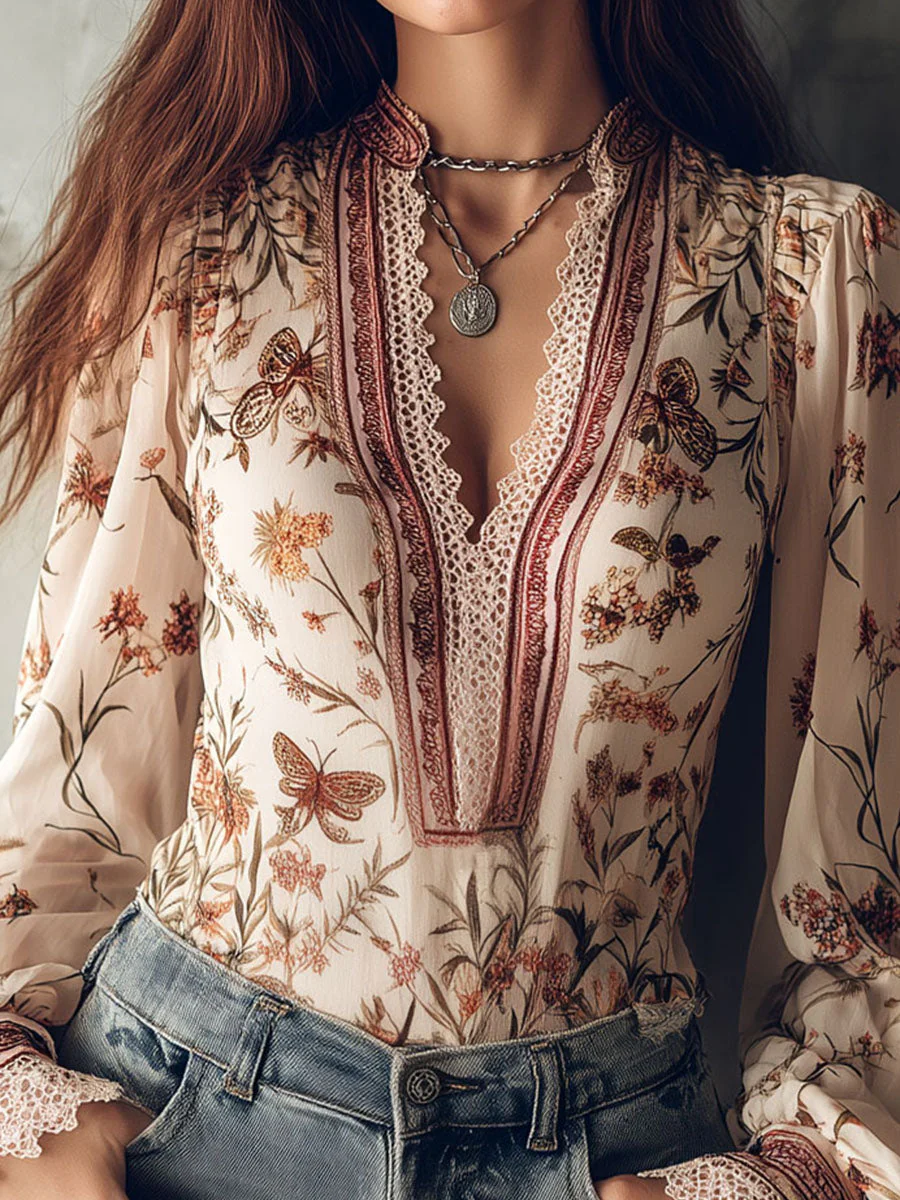Vintage Boho Floral Print Chiffon Blouse With Lace Trim - Image 2
