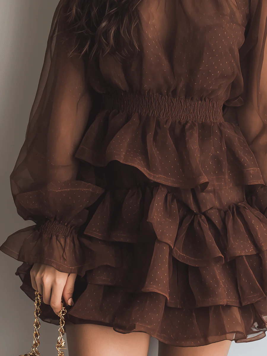 Vintage Boho Layered Chiffon Ruffle Mini Dress - Image 3