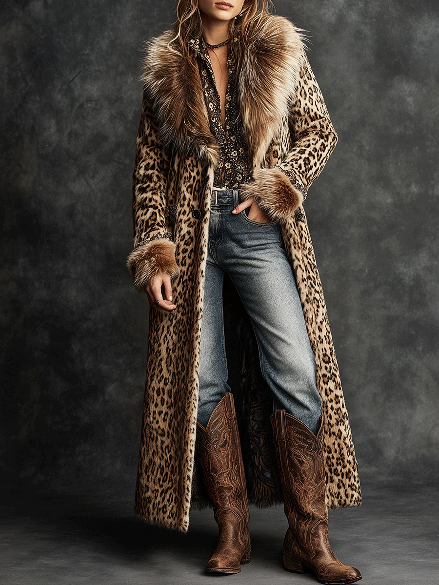 Vintage Boho Leopard Faux Fur Longline Coat