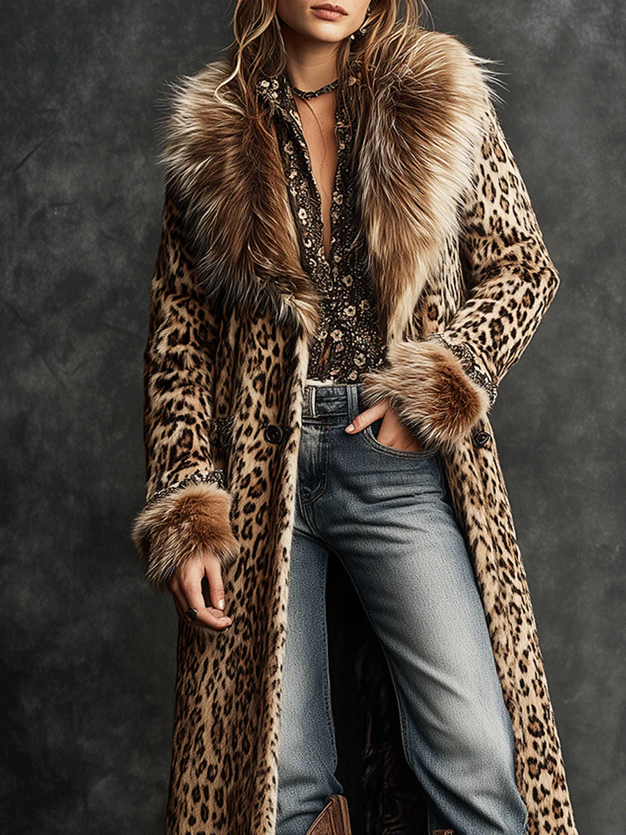 Vintage Boho Leopard Faux Fur Longline Coat - Image 2