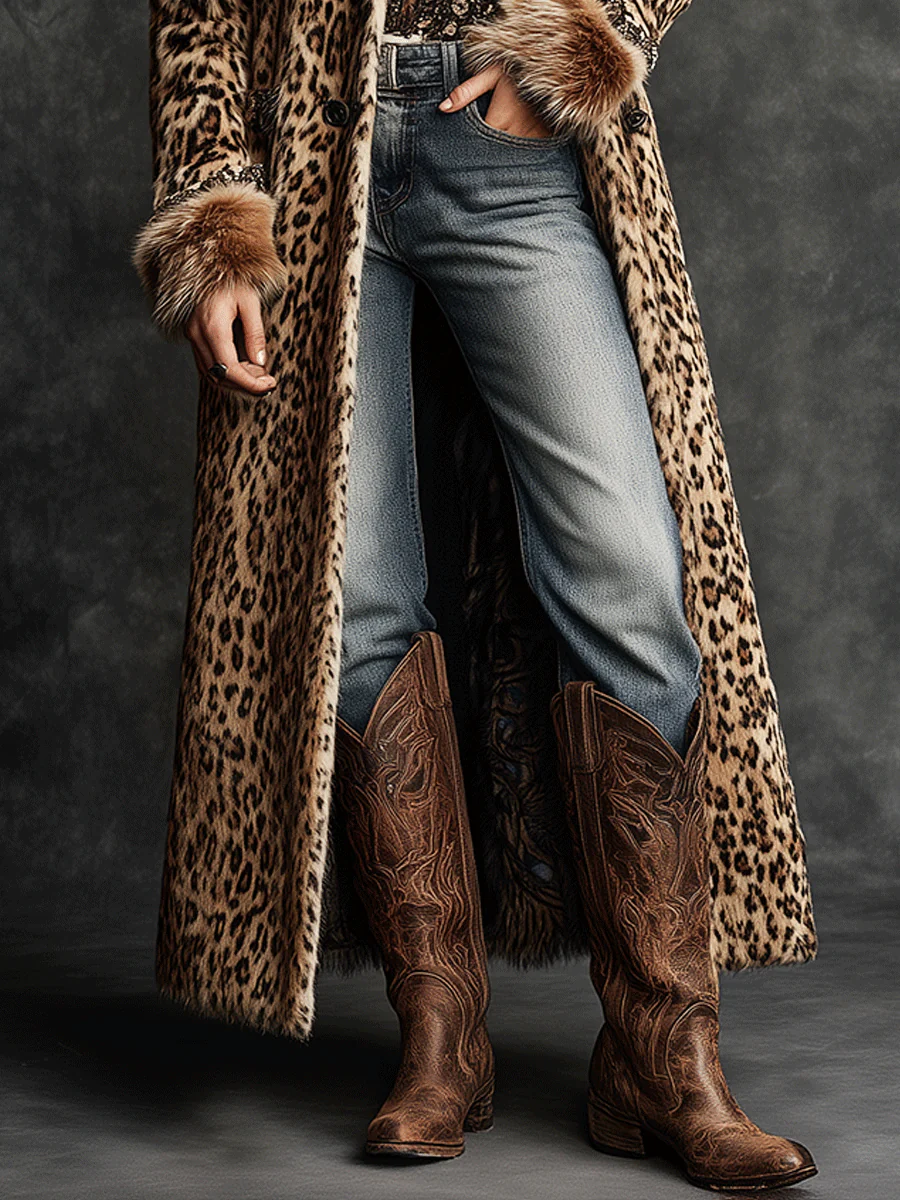 Vintage Boho Leopard Faux Fur Longline Coat - Image 3