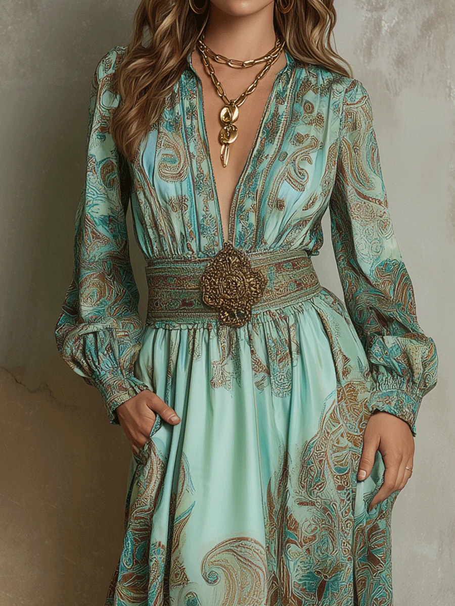 Vintage Boho Paisley Long-Sleeve Midi Dress - Image 2
