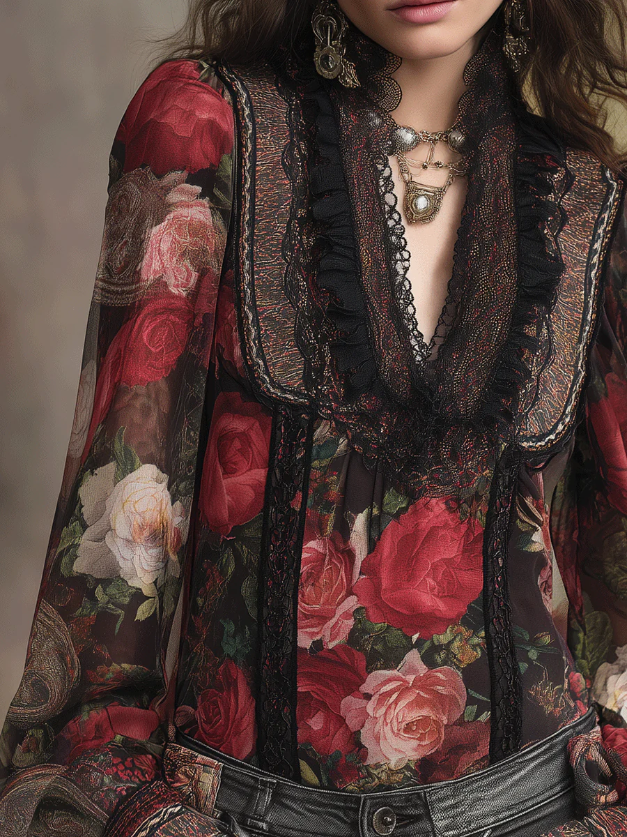 Vintage Boho Romantic Rose Lace Chiffon Blouse - Image 2