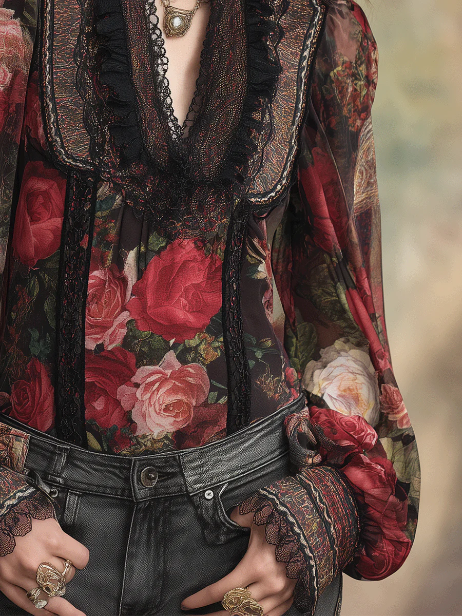 Vintage Boho Romantic Rose Lace Chiffon Blouse - Image 3