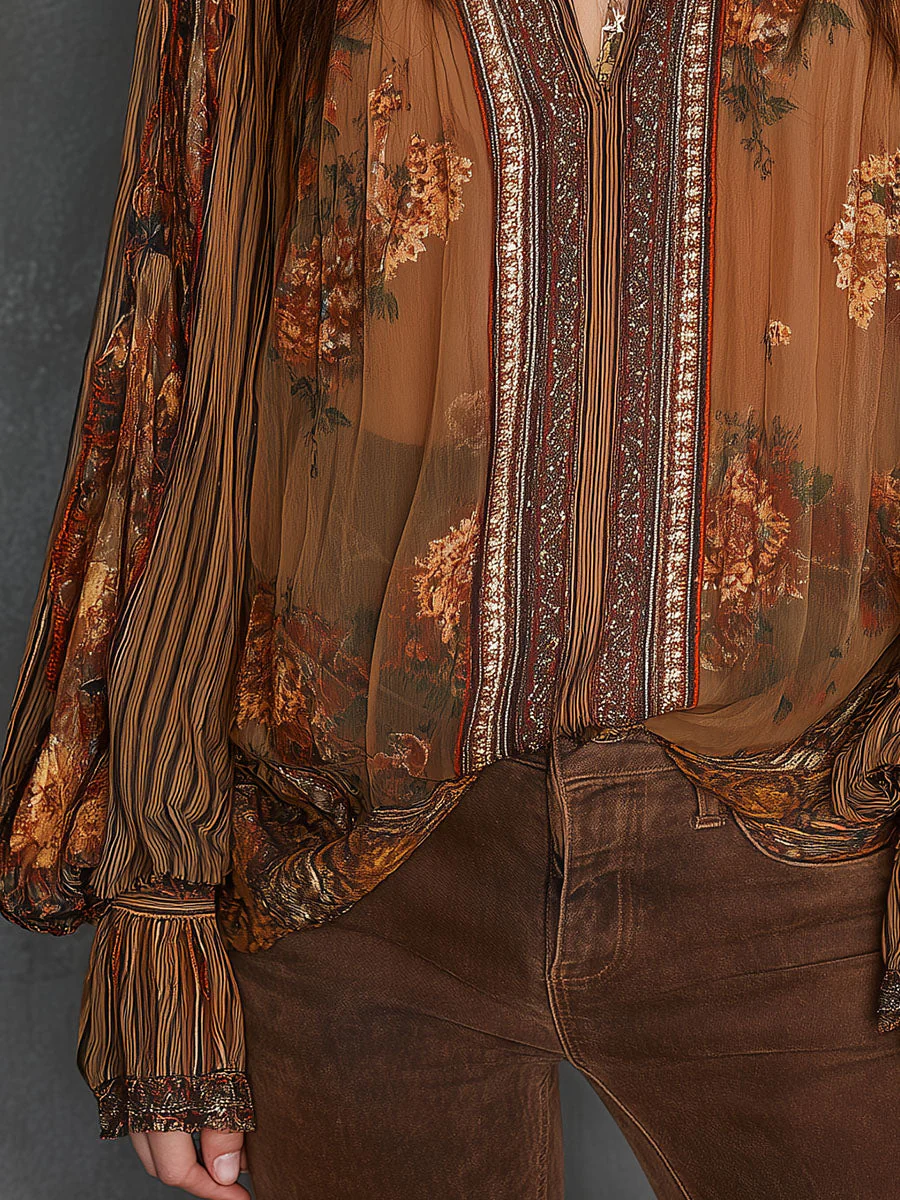 Vintage Boho Sheer Floral Blouse With Billowy Sleeves - Image 3