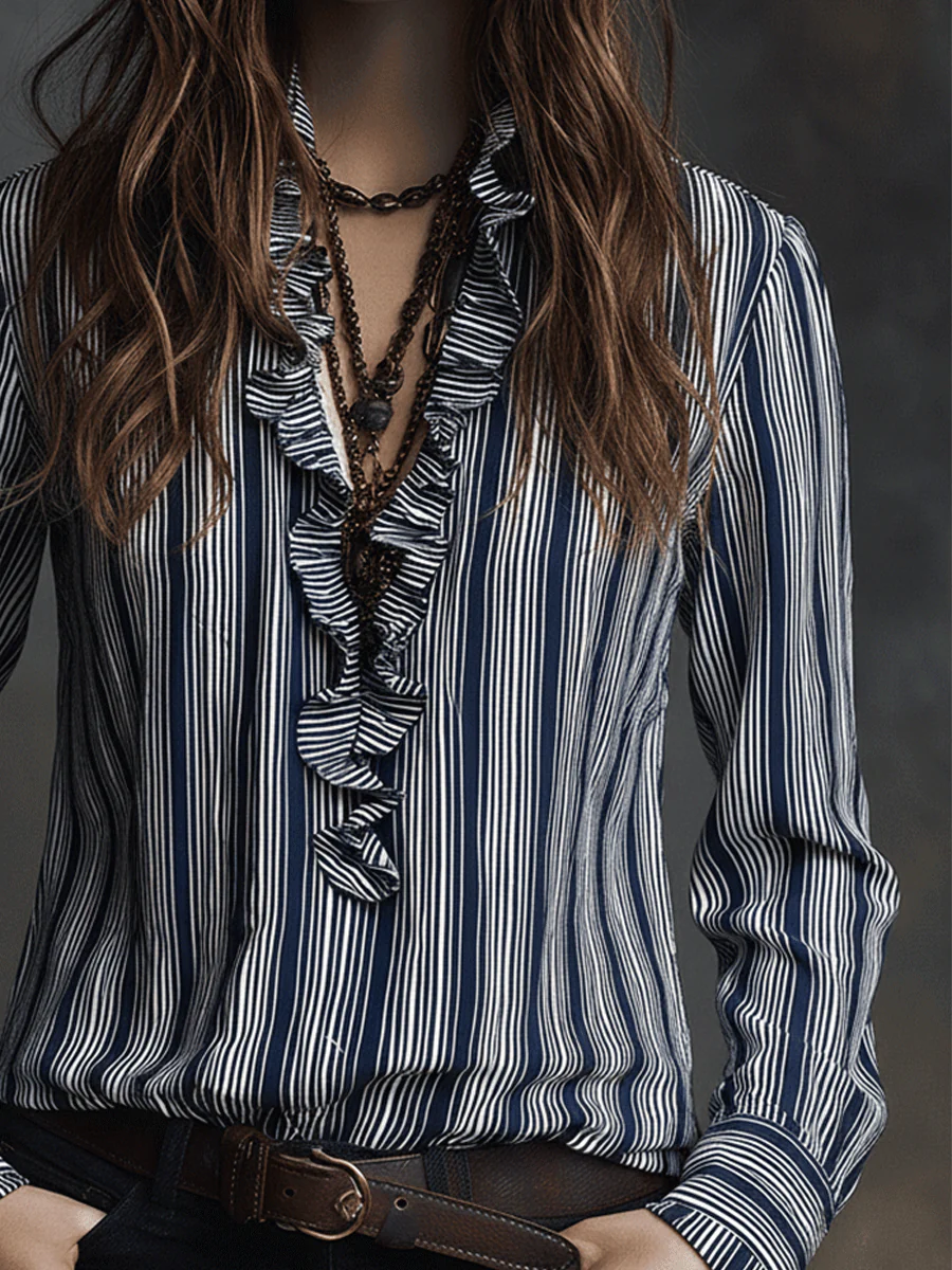 Vintage-Boho Striped Ruffle Trim Vintage Collar Blouse - Image 3